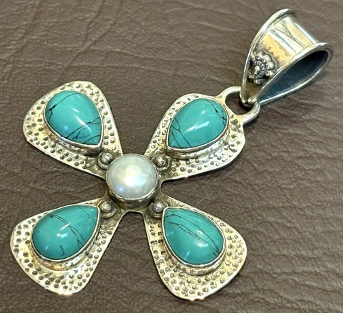 Vintage Sterling Silver 925 Turquoise Pearl Large Chunky Maltese Cross Pendant - 第 2/8 張圖片