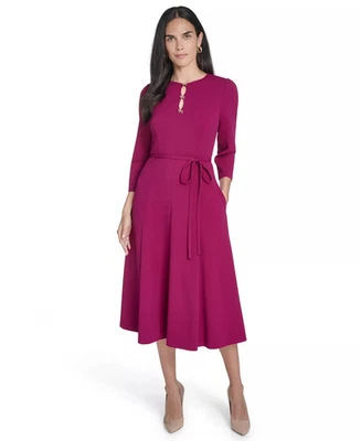 Jessica Howard Midi Dress 16 Pink 3/4 Sleeve Waist Pockets Bow Detail NWT - Image 1 of 4