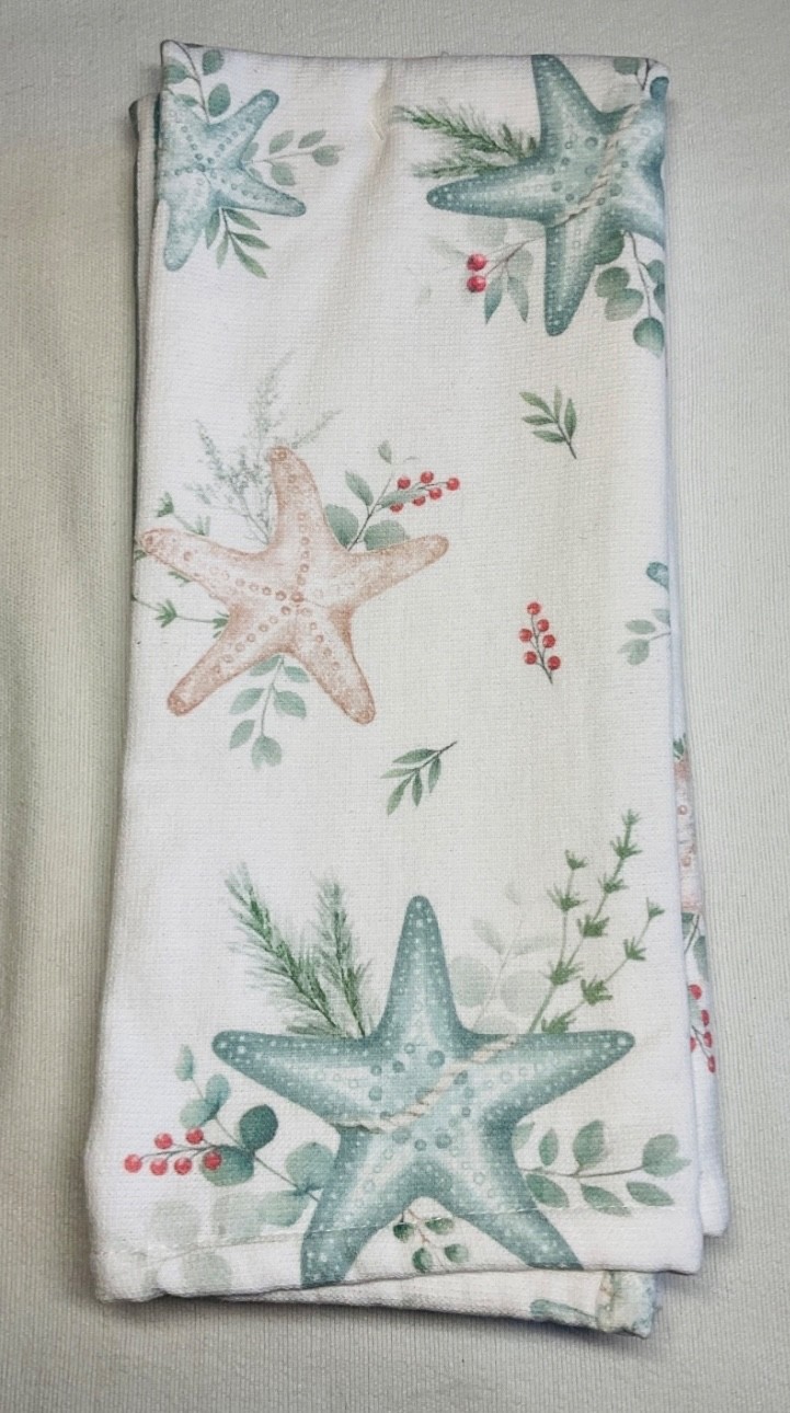 COASTAL COLLECTION KITCHEN TOWELS (3) STARFISH GREEN STRIPES 18 X 28 COTTON NWT