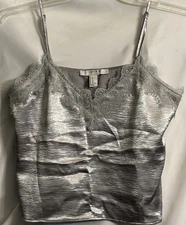 Forever 21 Y2K Silver Metallic Cami Lace Trim Sz Med Split Sides Adjustable NWOT