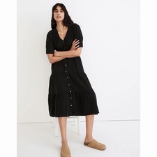 Madewell Dress Lightspun Button-Front Tiered Midi Short Sleeved Black 2