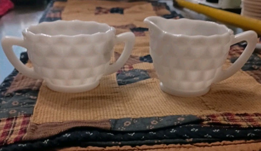 Vintage milk glass creamer and sugar bowl set mid-century style