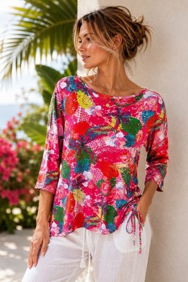 Palm Grove Womens XL Tropical Floral Coastal Resort Top Pink Ruched 3/4 Sleeve