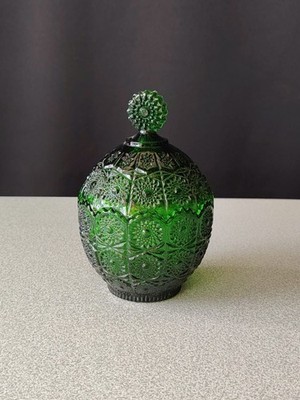 Vintage Bonboniere grün Glas bedeckt mit Deckel Deko Bonbonglas Floral