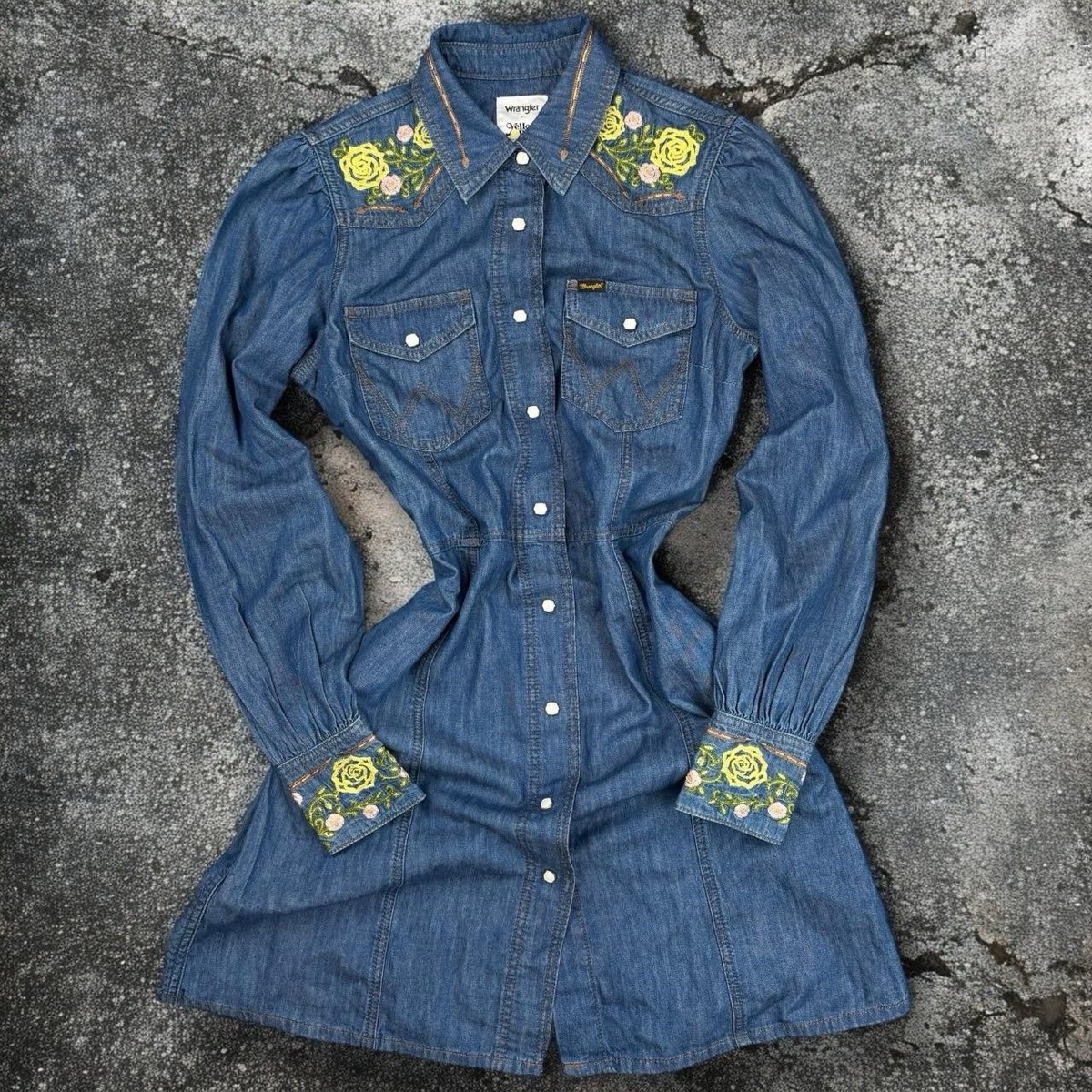 Wrangler x Yellow Rose by Kendra Scott Western Denim Floral Embroidered  Dress | eBay