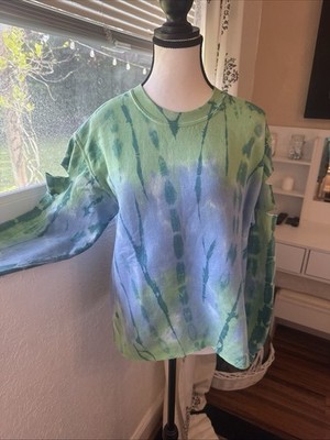 JET John Eshaya Cotton Sweatshirt Blue Green Tye Dye Cut Out Sleeves Size S