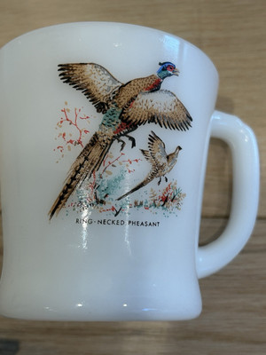 Vintage Fire King White Milk Glass Ring-Necked Pheasant Mug
