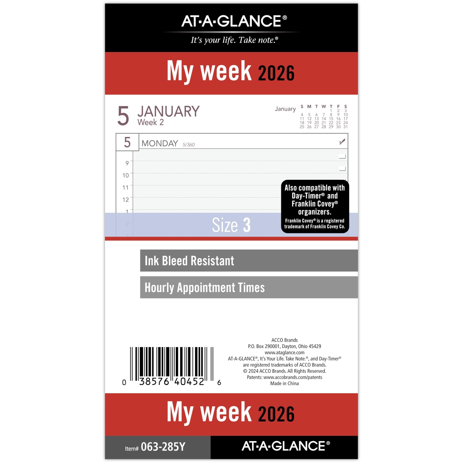 AT-A-GLANCE 2026 Planner Refill, Weekly, 3-3/4" x Size 3 Portable, White