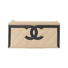 CHANEL 81942 Beige Black Caviar Leather Quilted CC Logo Zip Pouch Gold Hardware