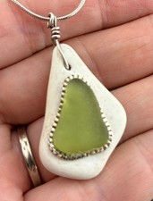 Lime Green Sea Glass  Stone Pendant Necklace Handcrafted Beachy w 18" 925 Chain