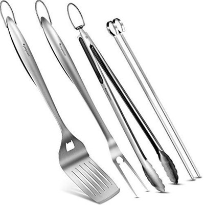 5-Piece BBQ Grilling Tool Set Heavy Duty Spatula Fork Tongs 2 Skewers