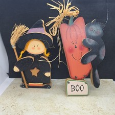 Two Wooden Halloween Decor Witch Shelf Sitter And Hanging Pumpkin With Cat