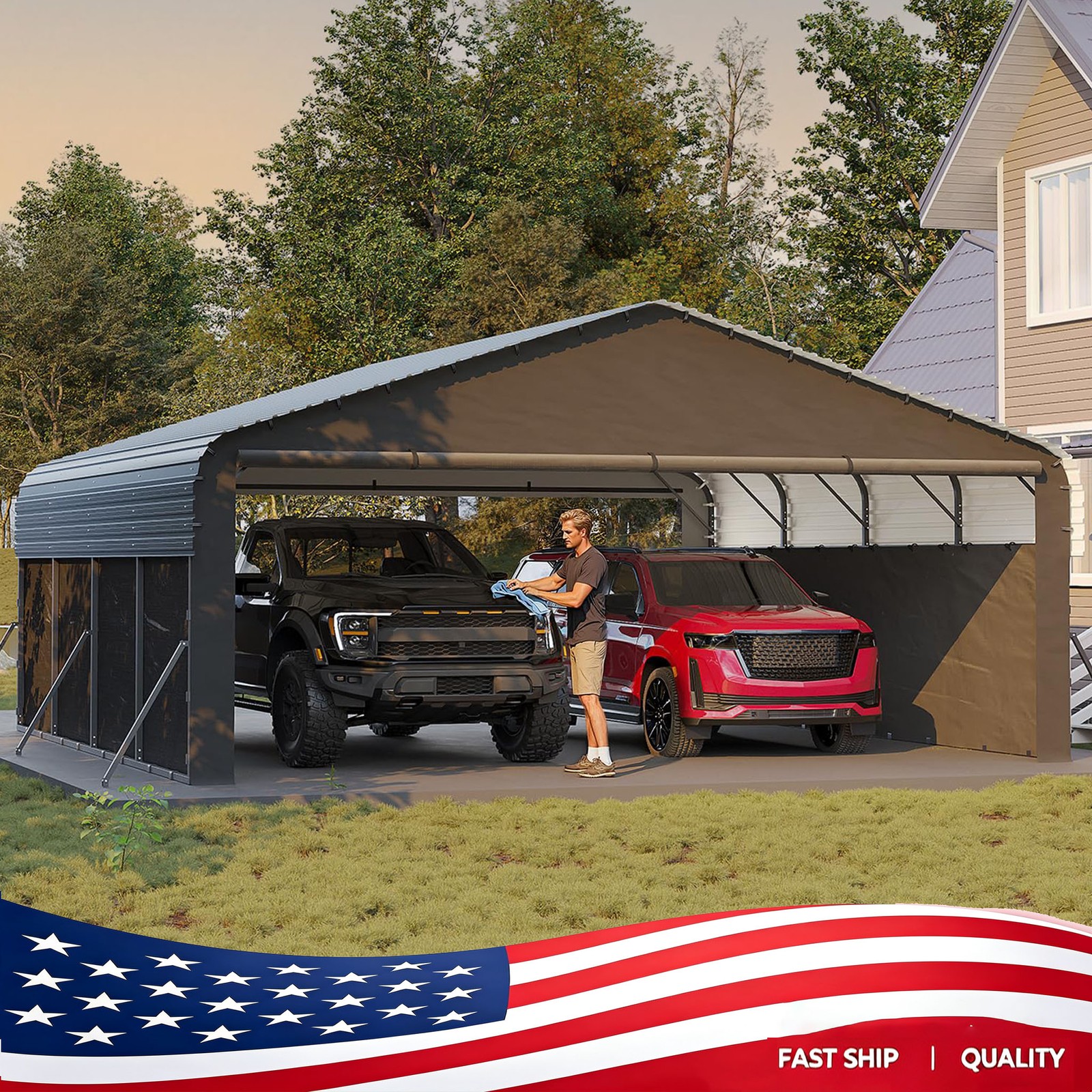 Carport Outdoor 20x20 FT Metal Canopy Upgraded Support W /220g Tarp Heavy Duty