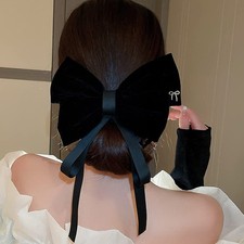 Large Black Solid Color Velvet Ribbon Bowknot Hair Barrette Bow Clip Long Tail