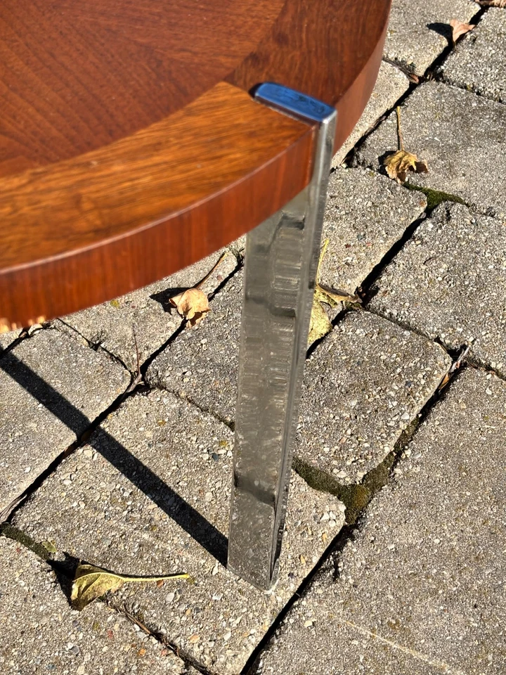 Mid-Century Modern LANE Round Side Table Walnut Veneer Top w/Chrome Legs - Image 3 of 4