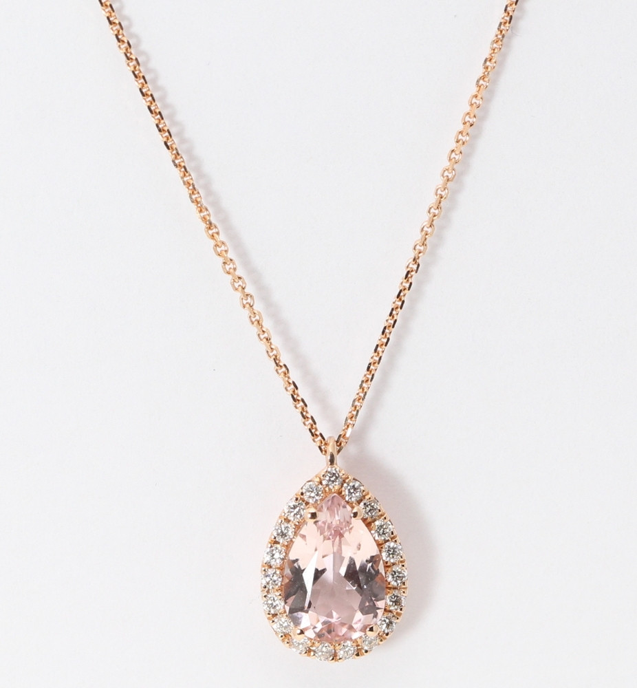 14K White Gold Morganite & Diamond Halo Pendant – 7x5mm Pear Stone With 18" Sterling Silver Chain - View #8