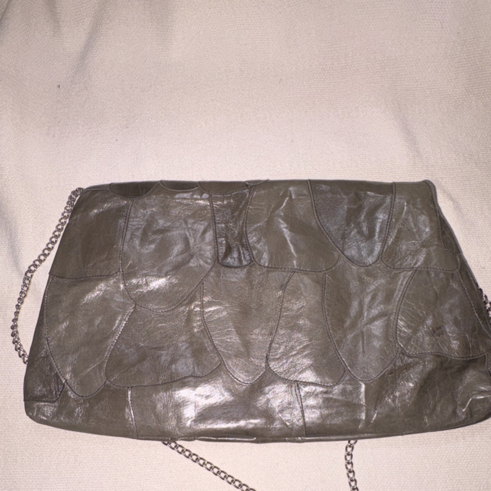 Gray Patchwork Shoulder Bag with Silver Chain Str… - image 2