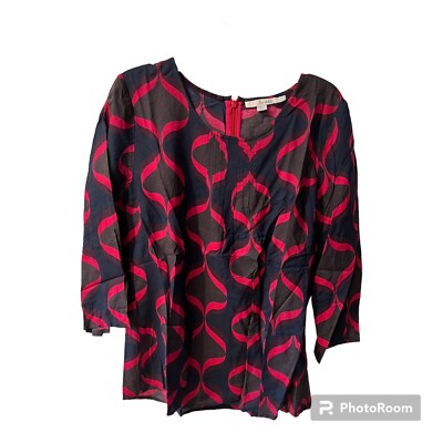 Boden Blouse Womens Sz 8 Viscose Red Navy Geometric Pockets Zipper Soft flowy