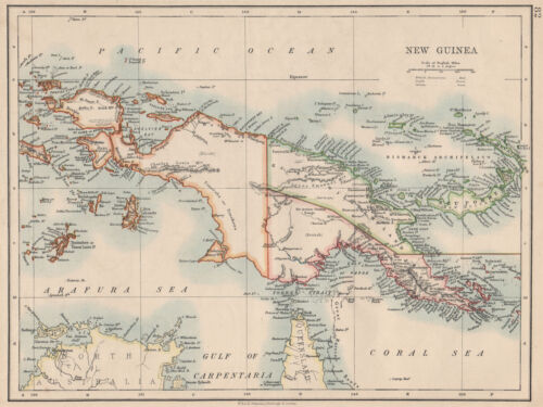 KOLONIALNA NOWA GWINEA. Ziemia cesarza Wilhelma. Brytyjska i holenderska Nowa Gwinea 1895 mapa - Zdjęcie 1 z 2
