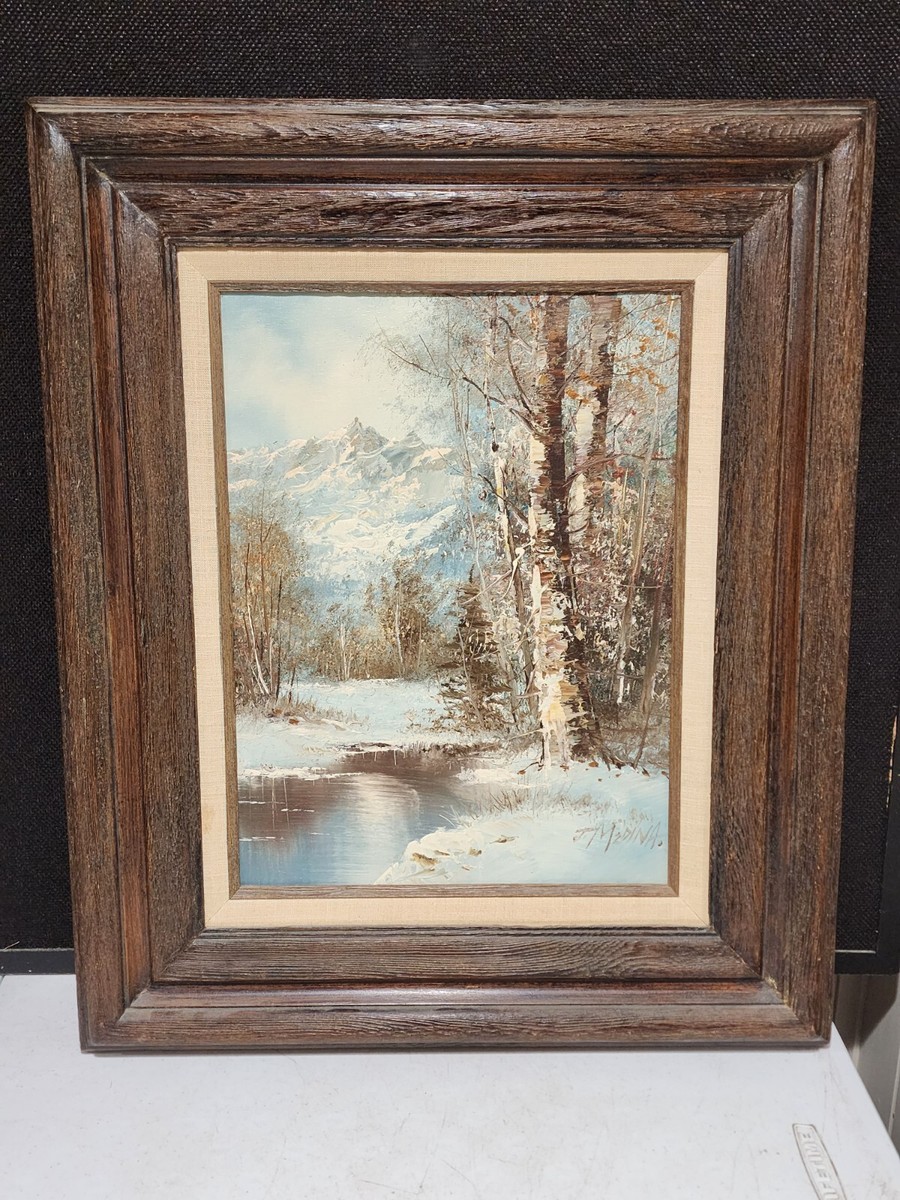 Vintage Original Framed Oil Painting Winter Mountain Scene Signed