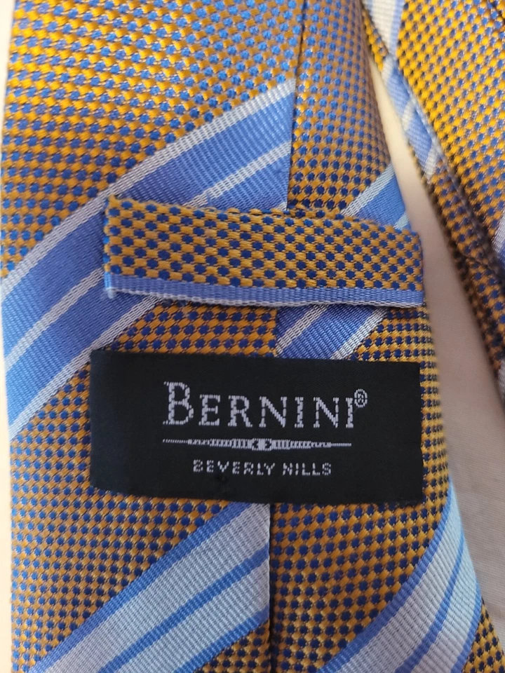 Corbata Bernini Beverly Hills para hombre rayas iridiscentes dorado azul gris 60 x 3,75 Foto 3 de 4