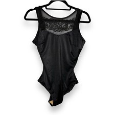 VTG Maxine of Hollywood Size 16 Illusion Neck One Piece Swim Black Embroidery