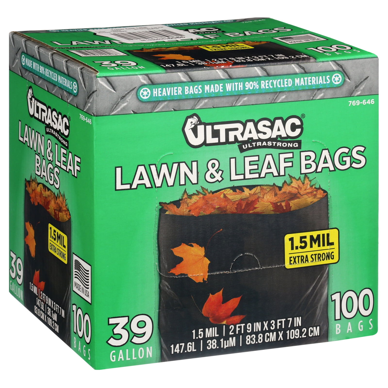 Ultrasac 39 Gal Lawn & Leaf Bags 100ct - Heavy Duty Yard Waste Cleanup 33x43