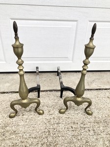 Federal Style Brass Fireplace Andirons Dog Irons Stamped 1919 20