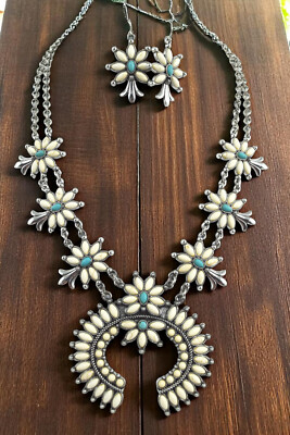 Bohemian White and Blue Squash Blossom Statement Necklace and Earrings