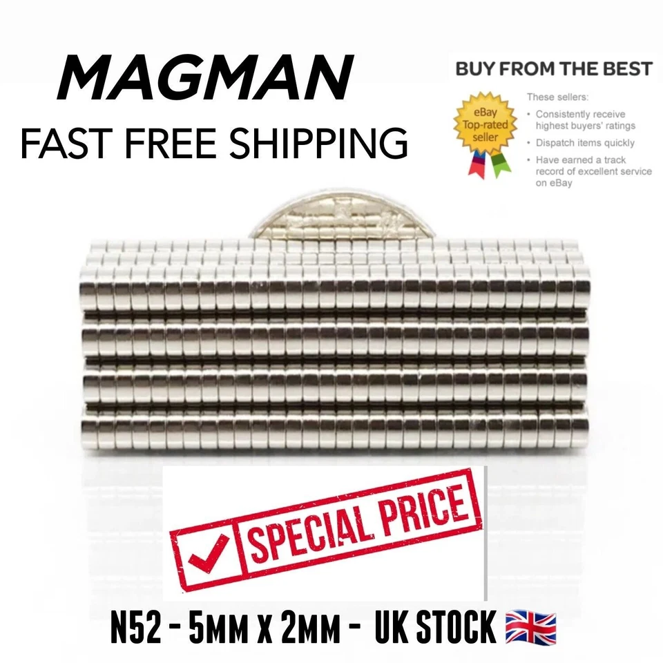 MAGMAN 100 x N52 Super Strong Small Magnets 5mm x 2mm Neodymium Disc craft 🧲