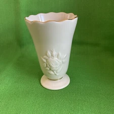 Lenox Bud Vase, 4” Tall, Embossed Roses, Gold Trim, Creamy Color, Scalloped Edge