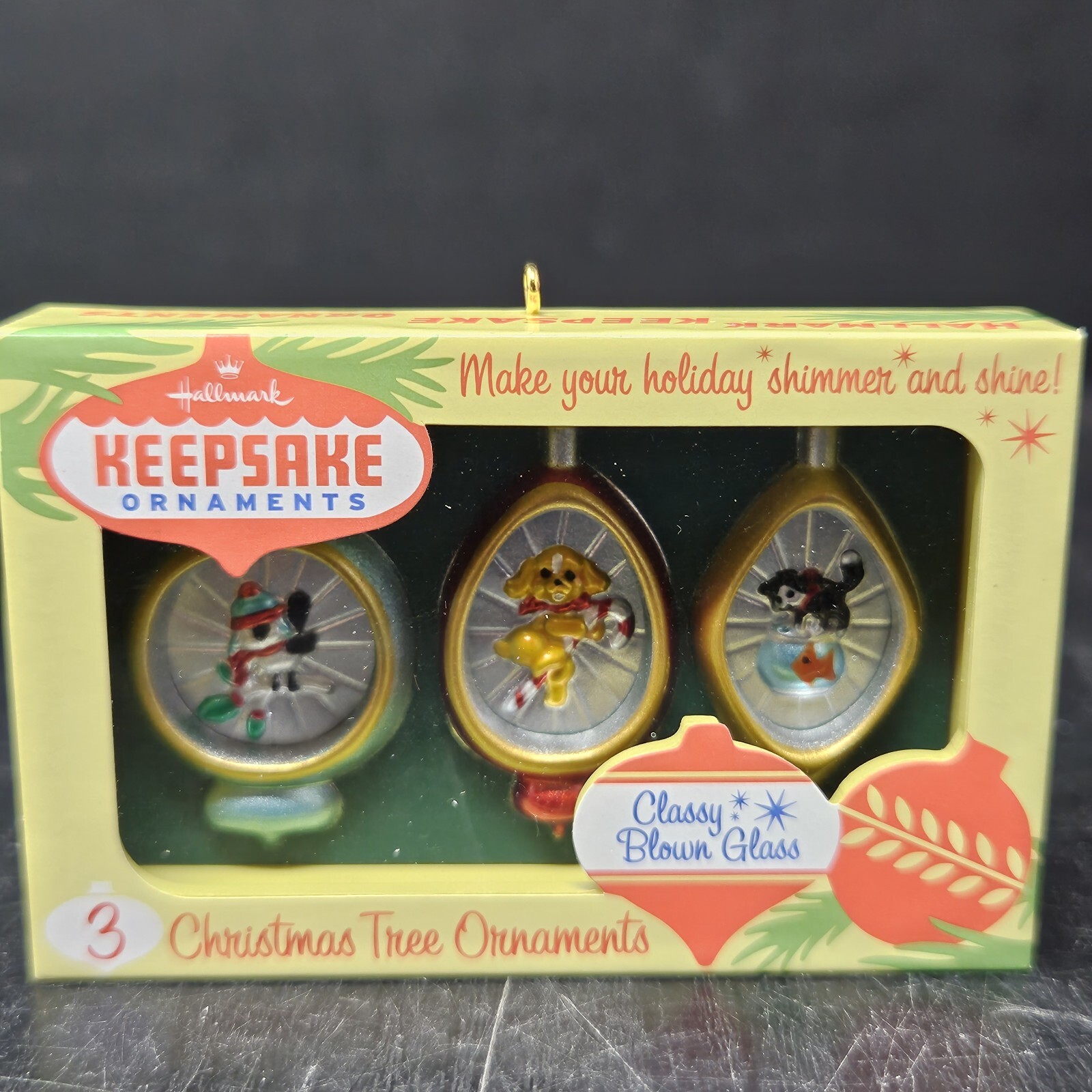Hallmark Nifty Fifties Keepsake Glass Ornaments Indented w/Cats & Dogs