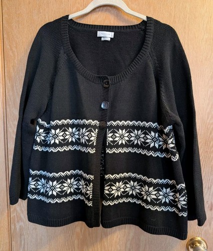 Van Heusen Damen 3 Knopf Strickjacke Gr. XXL schwarz Schneeflocke Ski Lodge CabinCore