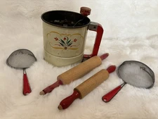 Vintage Red Kitchen Lot Androck  Sifter Strainers Mini Rolling Pins
