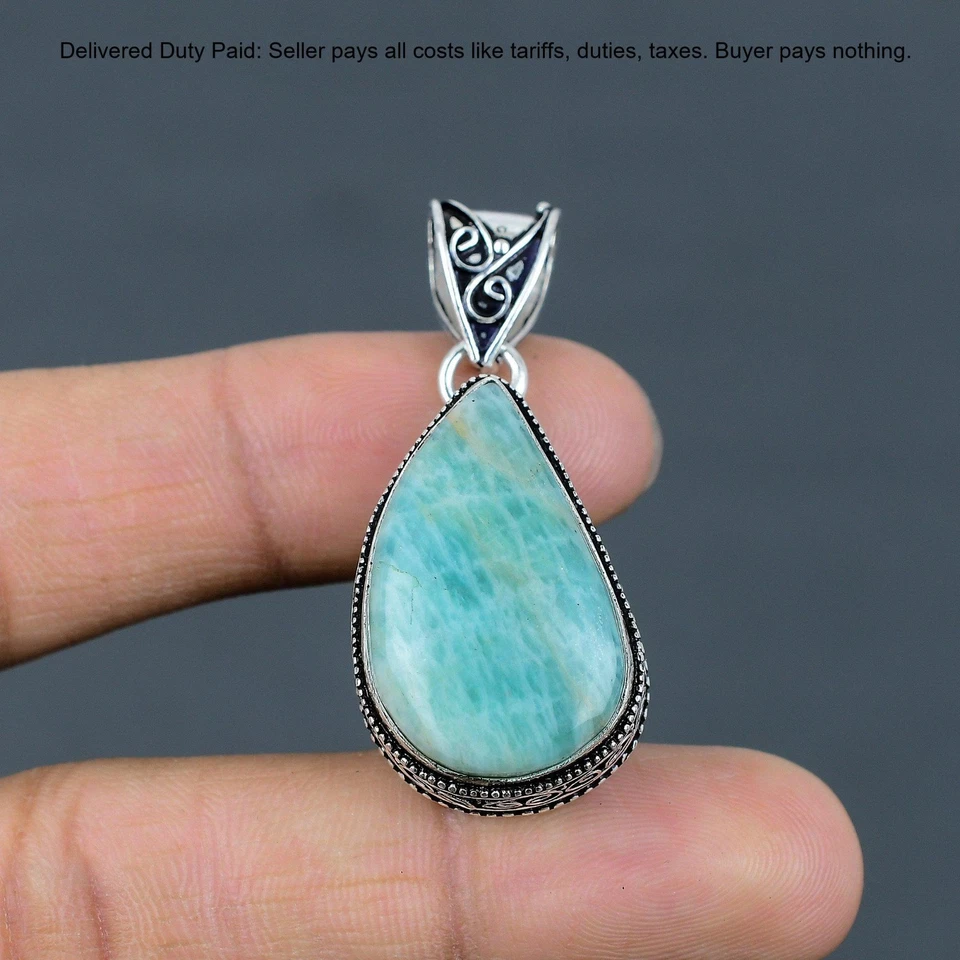 Oferta de Navidad Plata de Ley Amazonita Natural Vintage Artesanal Colgante Joyería Foto 3 de 4