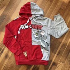 Tom Jerry Red Gray Split Hoodie XS Juniors Hood Kangaroo Pocket VTG Cartoon