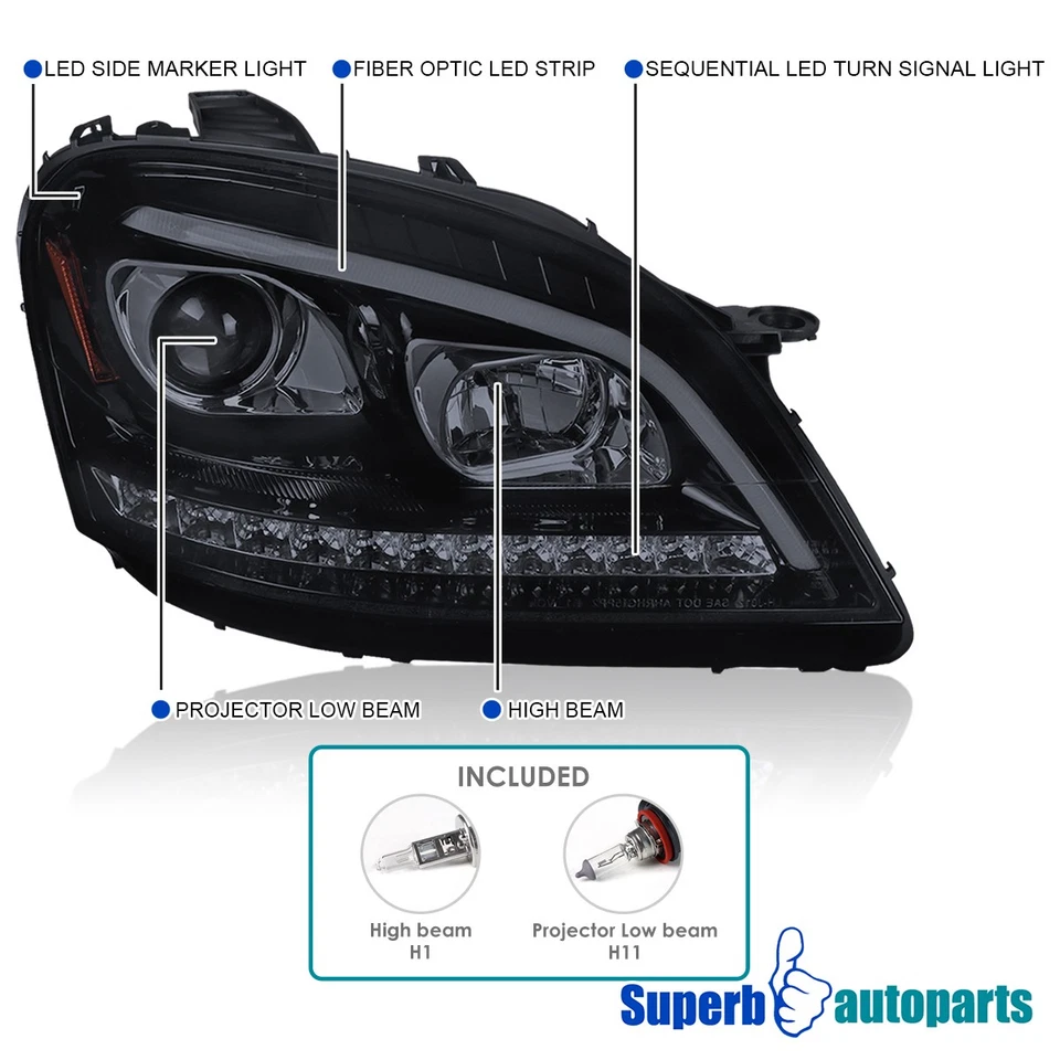 Fit 06-08 Mercedes Benz ML350 Smoke Projector Headlights Sequential LED Signal Foto 3 de 4