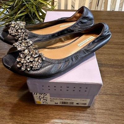 Vera Wang Lavender Black Leather Jeweled Open Toe Luna Ballet Flats 7.5