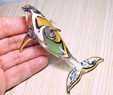 Green blue Dolphin figurine hand blown art glass gold trim 3.5 inch - Gift decor