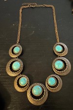 Antiqued brass tone faux turquoise linked necklace