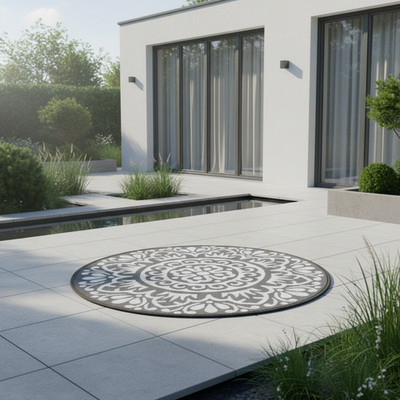 Teppich Rondo grau rund 120cm Garten Teppich Terrassenteppich Balkon Garten Neu