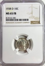 1938D Silver Mercury Dime 10C - NGC MS65 FB - Brilliant White Luster!