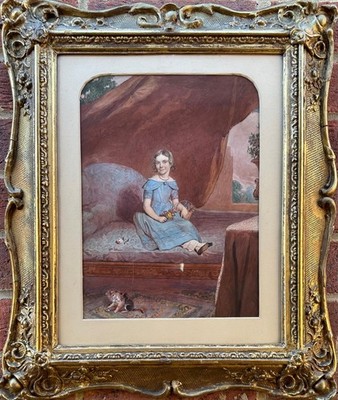 19. Jahrhundert Miss E. Allen Familienportrait Aquarell verzierter vergoldeter Rahmen