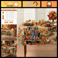 Autumn Tablecloth 60x84" Oval - Fall Harvest Decor, Washable Pumpkin Scarecrow f