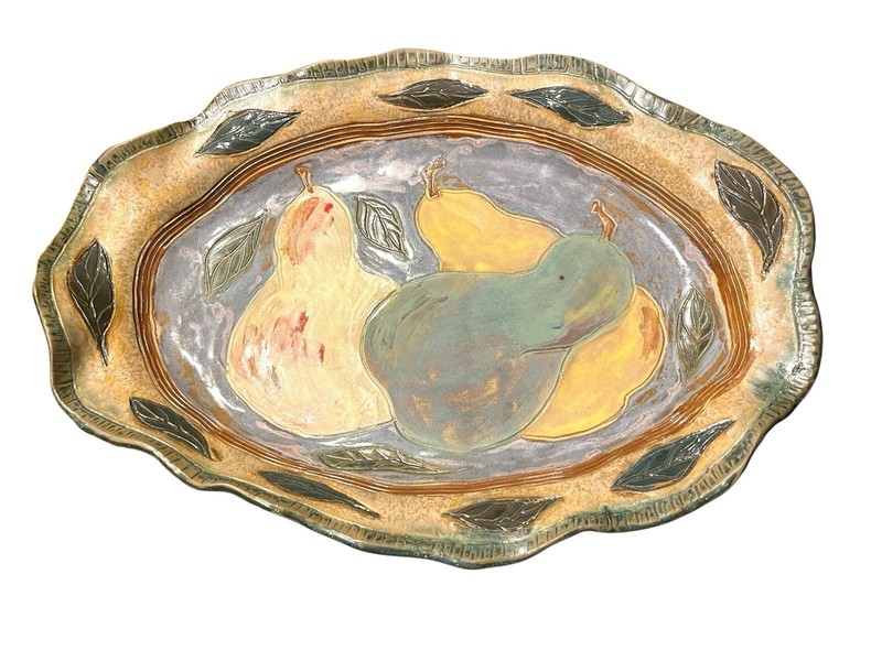 Handmade Mud Pottery Pear Fruit Platter Signed
