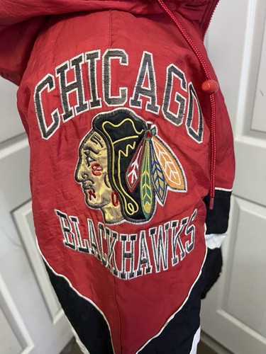 Vintage Starter Chicago Blackhawks Puffer Jacket grande rosso nero hockey con cappuccio - Foto 11 di 21
