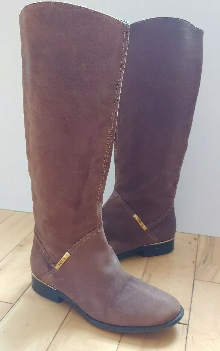 Geox Respira Brown Suede Boots Knee High Tall Zip up Riding Sz