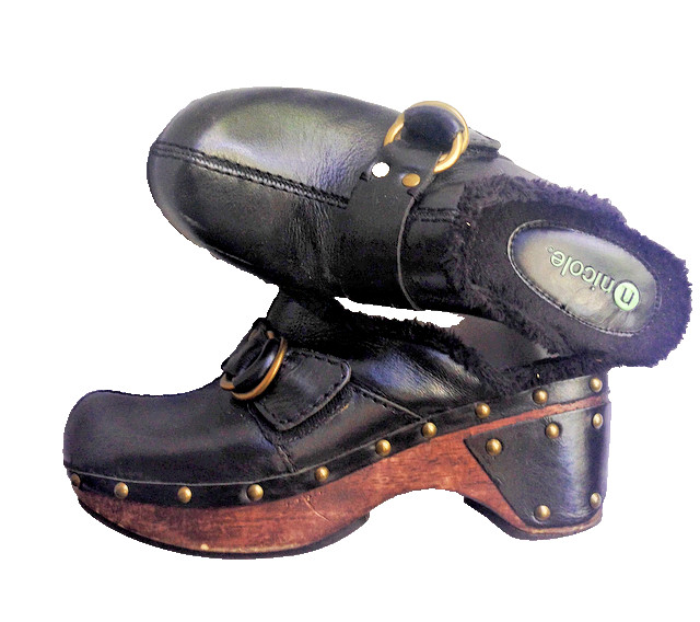 Black Stud Clogs Leather Shoe Faux Fur Brass Nailhead Buckle Boho Slide On Heel