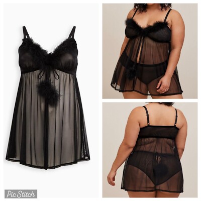 NWT Torrid 0 Sexy Black Maribou Babydoll Flyaway Mesh Wireless Lingerie, L, 12