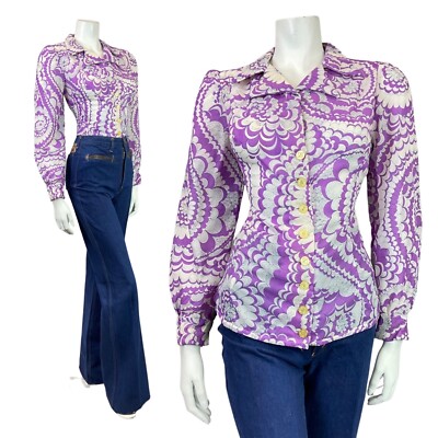 VINTAGE 60er 70er LILA WEISS SCHWARZ PSYCHEDELISCH SPIROGRAPH MOD BLUSE 10 12